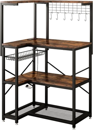 4-Tier L-Shaped Baker's Rack with Power Outlet, Corner Coffee Bar, Brown 4-Tier L-Shaped Baker's Rack with Power Outlet, Corner Coffee Bar, Brown