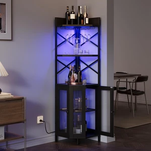 Corner Bar Cabinet with Power Outlet, 5-Tier Corner Wine Cabinet with Led Strip and Glass Holder, Industrial Tall Liquor Cabinet Bar Wine Rack for HomeBlack Corner Bar Cabinet with Power Outlet, 5-Tier Corner Wine Cabinet with Led Strip and Glass Holder, Industrial Tall Liquor Cabinet Bar Wine Rack for HomeBlack
