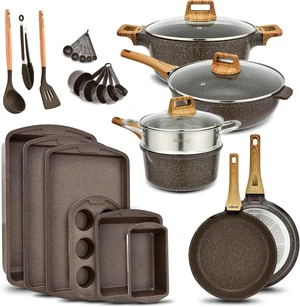 Bakken Master 20 Piece Cookware Set - Pots and Pans with Handle Grips and Tempered Glass Lids, With 6-piece Bakeware Set, Nonstick Granite Coating, Ceramic Max Temperature (Up To 500°F), Brown Marble Bakken Master 20 Piece Cookware Set - Pots and Pans with Handle Grips and Tempered Glass Lids, With 6-piece Bakeware Set, Nonstick Granite Coating, Ceramic Max Temperature (Up To 500°F), Brown Marble