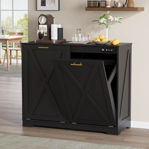 Double Tilt Out Trash Can Cabinet, Wooden Farmhouse Kitchen Garbage Bin Enclosure with Negative Ion Odor Control, Hidden Dog Proof Trash or Laundry Basket Storage for Laundry Room, Black Double Tilt Out Trash Can Cabinet, Wooden Farmhouse Kitchen Garbage Bin Enclosure with Negative Ion Odor Control, Hidden Dog Proof Trash or Laundry Basket Storage for Laundry Room, Black