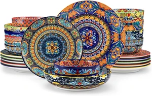 24-Piece Dinnerware Sets,Plates & Bowls Sets Service for 6, Bohemian Porcelain Dishes Set for 6, Kitchen Dinner Set,Microwave & Dishwasher Safe, Scratch Resistant,Series KRVI 24-Piece Dinnerware Sets,Plates & Bowls Sets Service for 6, Bohemian Porcelain Dishes Set for 6, Kitchen Dinner Set,Microwave & Dishwasher Safe, Scratch Resistant,Series KRVI
