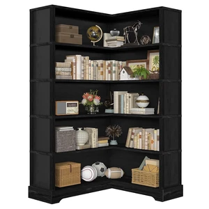 Wood Corner Book Shelf, 5 Tier 65 Inch Tall Bookshelf with Storage, Floor Standing Display Book Shelf for Living Room, Kitchen, Home Office, Black Wood Corner Book Shelf, 5 Tier 65 Inch Tall Bookshelf with Storage, Floor Standing Display Book Shelf for Living Room, Kitchen, Home Office, Black