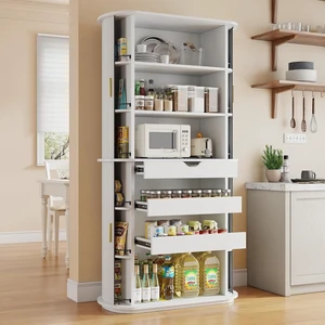Kitchen Pantry with Sliding Doors, Tall Modern Curved Pantry Storage Cabinets with Drawer & Pull Out Shelves, 64-Inch Freestanding Wood Cupboard for Kitchen Dining Room Living Room, White Kitchen Pantry with Sliding Doors, Tall Modern Curved Pantry Storage Cabinets with Drawer & Pull Out Shelves, 64-Inch Freestanding Wood Cupboard for Kitchen Dining Room Living Room, White