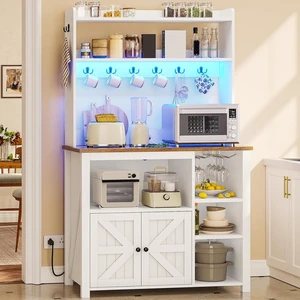 35.4 inch Bakers Rack with Power Outlet and Storage, Farmhouse Coffee Bar Cabinet, Microwave Stand Kitchen Cabinet with Hutch, LED Lights, Wine Glass Holder and 8 HooksWhite 35.4 inch Bakers Rack with Power Outlet and Storage, Farmhouse Coffee Bar Cabinet, Microwave Stand Kitchen Cabinet with Hutch, LED Lights, Wine Glass Holder and 8 HooksWhite