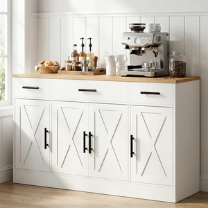 Coffee Bar Cabinet with Storage, Farmhouse Buffet Cabinet with 4 Doors & Adjustable Shelves, Kitchen Sideboard Cabinet for Coffee Station, Dining Room, Living Room & Home, White Coffee Bar Cabinet with Storage, Farmhouse Buffet Cabinet with 4 Doors & Adjustable Shelves, Kitchen Sideboard Cabinet for Coffee Station, Dining Room, Living Room & Home, White