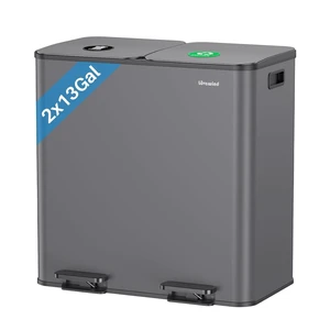 Dual Trash and Recycling Bins for Kitchen, 2×13 Gallon (2× 50L) Stainless Steel Trash and Recycle Bin Combo with Soft-Close Lid, Large Garbage Cans for Kitchen Home with 2 Magnets Sticker, Gray Dual Trash and Recycling Bins for Kitchen, 2×13 Gallon (2× 50L) Stainless Steel Trash and Recycle Bin Combo with Soft-Close Lid, Large Garbage Cans for Kitchen Home with 2 Magnets Sticker, Gray