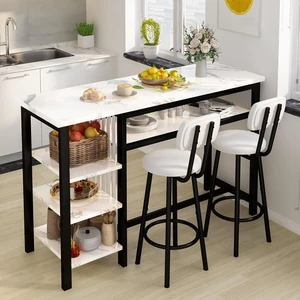 3-Piece Bar Table and Chairs Set, Modern White Faux Marble Table with 2 PU Cushion Bar Stools, Kitchen Counter with 3 Tier Storage Shelves, Space Saving Table for Home & Kitchen, Black Frame 3-Piece Bar Table and Chairs Set, Modern White Faux Marble Table with 2 PU Cushion Bar Stools, Kitchen Counter with 3 Tier Storage Shelves, Space Saving Table for Home & Kitchen, Black Frame