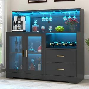 Bar Cabinet for Home with LED Light,Coffee Bar Cabinet w/ Wine & Glass Rack Bar Cabinet for Home with LED Light,Coffee Bar Cabinet w/ Wine & Glass Rack