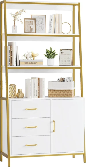 White Gold Bookshelf, 69" H Ladder Book Shelf with Drawers & Shelves White Gold Bookshelf, 69" H Ladder Book Shelf with Drawers & Shelves