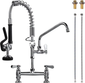Commercial Kitchen Faucet Deck Mount with Pre-Rinse Sprayer 21" Height Kitchen Sink Faucet 8 Inch Center with 10" Add-on Swing Spout Faucet & Coiled Spring Pull Down Spray Commercial Kitchen Faucet Deck Mount with Pre-Rinse Sprayer 21" Height Kitchen Sink Faucet 8 Inch Center with 10" Add-on Swing Spout Faucet & Coiled Spring Pull Down Spray