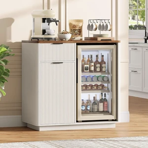 Mini Fridge Cabinet, Coffee Bar Cabinet with Fridge Space, Distressed White Mini Fridge Cabinet, Coffee Bar Cabinet with Fridge Space, Distressed White