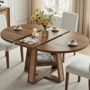 Dining Table, 43"-59" Extendable Round to Oval with Storage, Walnut Dining Table, 43"-59" Extendable Round to Oval with Storage, Walnut