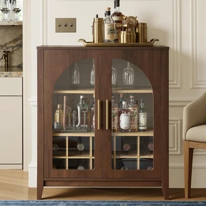 31.5" Coffee Bar Cabinet Arched Glass Doors, Walnut Wine Cabinet 31.5" Coffee Bar Cabinet Arched Glass Doors, Walnut Wine Cabinet