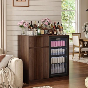 Mini Fridge Cabinet with Power Outlet, Coffee Bar Cabinet with Fridge Space & Wine Glass Rack, Fluted Buffet Sideboard with Drawer & Adjustable Shelf, Home Bar Cabinet for Living, Dining Room Kitchen Mini Fridge Cabinet with Power Outlet, Coffee Bar Cabinet with Fridge Space & Wine Glass Rack, Fluted Buffet Sideboard with Drawer & Adjustable Shelf, Home Bar Cabinet for Living, Dining Room Kitchen