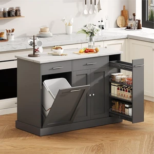 53 Inch Kitchen Island with Trash Can Storage, Rolling Island Table, Grey 53 Inch Kitchen Island with Trash Can Storage, Rolling Island Table, Grey