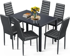 Kitchen Dining Table Set for 6, Tempered Glass 7 Piece - Black Kitchen Dining Table Set for 6, Tempered Glass 7 Piece - Black
