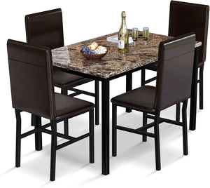 Dining Table Set for 4, Faux Marble Table & 4 Leather Chair Set, Brown Dining Table Set for 4, Faux Marble Table & 4 Leather Chair Set, Brown