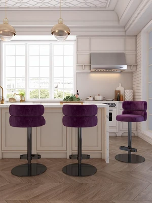 Modern Velvet Bar Stool, Swivel Adjustable Height Kitchen Counter Stool with Back and Footrest, Upholstered Kitchen Island Chair with Metal Base, Purple, 1 Pc Modern Velvet Bar Stool, Swivel Adjustable Height Kitchen Counter Stool with Back and Footrest, Upholstered Kitchen Island Chair with Metal Base, Purple, 1 Pc