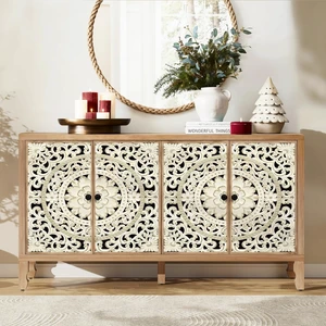 59" Solid Wood Buffet Cabinet, Accent Cabinet with 4 Carved Doors 59" Solid Wood Buffet Cabinet, Accent Cabinet with 4 Carved Doors