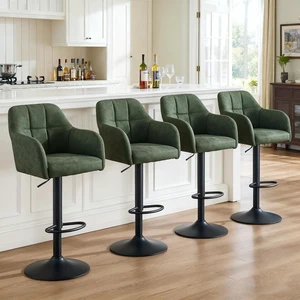 Swivel Adjustable Barstools Set of 4, Faux Leather Bar Height Stools w/Back/Armrest, Upholstered Modern Counter Bar Chairs with Metal Footrest for Kitchen Island/Home Bar/Dining Room, Green Swivel Adjustable Barstools Set of 4, Faux Leather Bar Height Stools w/Back/Armrest, Upholstered Modern Counter Bar Chairs with Metal Footrest for Kitchen Island/Home Bar/Dining Room, Green
