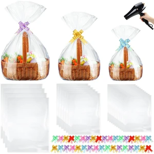 80 Pcs Shrink Wrap Bags for Gift Baskets, Clear Plastic with Bows 80 Pcs Shrink Wrap Bags for Gift Baskets, Clear Plastic with Bows