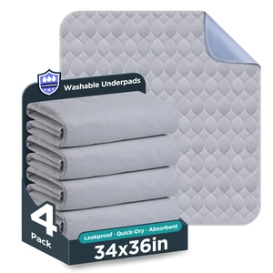 Bed Pads 34" x 36" - 4 Pack, Grey, Waterproof Bed Pads for Incontinence, Bed Wetting Pads for Bed, Sofa, Floor, Resuable Underpads for Adults, Seniors, Pet Bed Pads 34" x 36" - 4 Pack, Grey, Waterproof Bed Pads for Incontinence, Bed Wetting Pads for Bed, Sofa, Floor, Resuable Underpads for Adults, Seniors, Pet