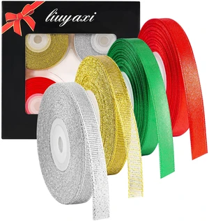 LIUYAXI 4 Rolls 3/8" Christmas Ribbon - Glitter Metallic Ribbon & Satin Ribbons Set, Total 100 Yards Xmas Holiday Festival for Gift Wrapping, Crafts, Festival Ornaments, Wedding Party Decoration LIUYAXI 4 Rolls 3/8" Christmas Ribbon - Glitter Metallic Ribbon & Satin Ribbons Set, Total 100 Yards Xmas Holiday Festival for Gift Wrapping, Crafts, Festival Ornaments, Wedding Party Decoration