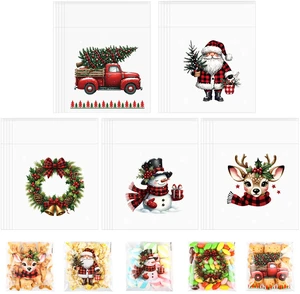 Self-Sealing Christmas Cellophane Cookie Bags - 4x4 Inch 100 PCS Plastic Self-Adhesive Xmas Santa Goodie Candy Treat Gifts Bags Bulk Pouches for Holiday Winter Party Favors Gift Wrapping, 5 Style Self-Sealing Christmas Cellophane Cookie Bags - 4x4 Inch 100 PCS Plastic Self-Adhesive Xmas Santa Goodie Candy Treat Gifts Bags Bulk Pouches for Holiday Winter Party Favors Gift Wrapping, 5 Style