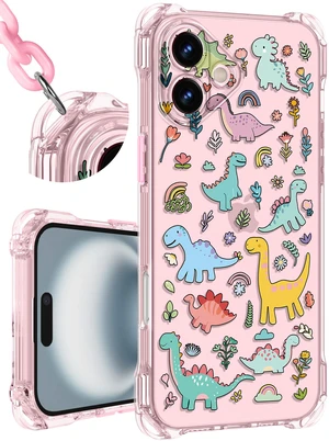 Toycamp for iPhone 16 Case with Strap for Women - Cute Funny Girls Girly Fashion Dinosaur Design Case with Wrist Lanyards Four Corners Flexible Hang Style Toycamp for iPhone 16 Case with Strap for Women - Cute Funny Girls Girly Fashion Dinosaur Design Case with Wrist Lanyards Four Corners Flexible Hang Style