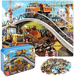 LELEMON Puzzles for Kids Ages 4-6,Construction Site 100 Piece Puzzles for Kids Ages 4-8 in a Metal Box,Educational Jigsaw Puzzles 100 Piece Puzzle Games Puzzle Toys for Girls and Boys LELEMON Puzzles for Kids Ages 4-6,Construction Site 100 Piece Puzzles for Kids Ages 4-8 in a Metal Box,Educational Jigsaw Puzzles 100 Piece Puzzle Games Puzzle Toys for Girls and Boys