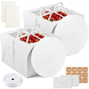 2 Pack 12 x 12 x 8 in Cake Boxes with Window & Cake Boards Disposable Cake Carrier Boxes with Lid, Includes Stickers, Envelopes, Greeting Cards & Ribbon Bakery Boxes for Cakes & Cupcak 2 Pack 12 x 12 x 8 in Cake Boxes with Window & Cake Boards Disposable Cake Carrier Boxes with Lid, Includes Stickers, Envelopes, Greeting Cards & Ribbon Bakery Boxes for Cakes & Cupcak