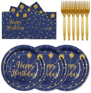 75PCS Happy Birthday Paper Plates - 7 Inch Dark Blue Gold Dot Paper Plates and 6.5 Inch Napkins with 6.3 Inch Forks Disposable Tableware Set for Birthday Party Decorations, Serves 25 75PCS Happy Birthday Paper Plates - 7 Inch Dark Blue Gold Dot Paper Plates and 6.5 Inch Napkins with 6.3 Inch Forks Disposable Tableware Set for Birthday Party Decorations, Serves 25