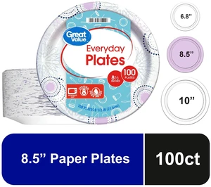 Great Value 8.5 Inch Disposable Paper Plates, 100 Count, Soak-Proof and Microwave Safe Great Value 8.5 Inch Disposable Paper Plates, 100 Count, Soak-Proof and Microwave Safe