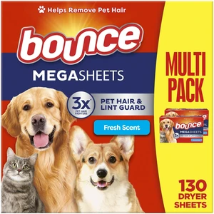 Bounce Pet Hair and Lint Guard Mega Dryer Sheets with 3X Pet Hair Fighters, Fresh Scent, 130 Count Bounce Pet Hair and Lint Guard Mega Dryer Sheets with 3X Pet Hair Fighters, Fresh Scent, 130 Count