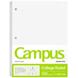 Kokuyo 3 Hole Loose Leaf Paper 8-1/4"x11 College Ruled, 100 Sheets, 1 Pack Kokuyo 3 Hole Loose Leaf Paper 8-1/4"x11 College Ruled, 100 Sheets, 1 Pack