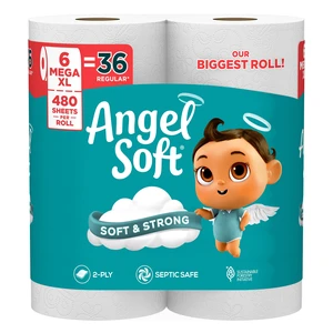 Angel Soft Toilet Paper, 6 Mega XL Rolls = 36 Regular Rolls, Soft and Strong Toilet Tissue Angel Soft Toilet Paper, 6 Mega XL Rolls = 36 Regular Rolls, Soft and Strong Toilet Tissue
