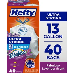 Hefty Ultra Strong 13 Gallon Trash Bags, Tall Kitchen Trash Bags, White, Fabuloso Lavender Scent, 40 Bags Hefty Ultra Strong 13 Gallon Trash Bags, Tall Kitchen Trash Bags, White, Fabuloso Lavender Scent, 40 Bags