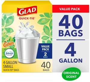 Glad Quick-Tie 4-Gallon Small Trash Bags, Gain Original Scent, 20 Bags, 2 Pack Glad Quick-Tie 4-Gallon Small Trash Bags, Gain Original Scent, 20 Bags, 2 Pack