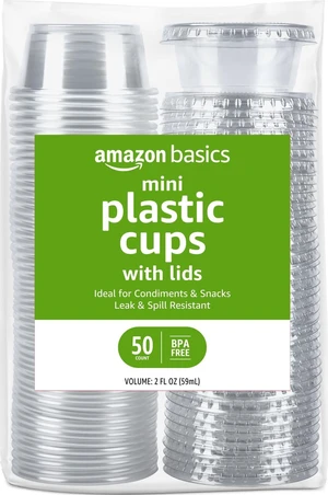 Amazon Basics Disposable Plastic To-Go Cups and Lids, Mini, 2oz, 50 Count, BPA Free, for Condiment, Salad Dressing, Sauces, Jello Shots Amazon Basics Disposable Plastic To-Go Cups and Lids, Mini, 2oz, 50 Count, BPA Free, for Condiment, Salad Dressing, Sauces, Jello Shots