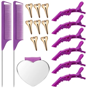 Hair Parting Tools Set, 17 Pieces Including Hair Parting Rings, Sectioning Clips, Rat Tail Combs, Magnetic Wrist Pin Holder for Braiding (Purple) Hair Parting Tools Set, 17 Pieces Including Hair Parting Rings, Sectioning Clips, Rat Tail Combs, Magnetic Wrist Pin Holder for Braiding (Purple)