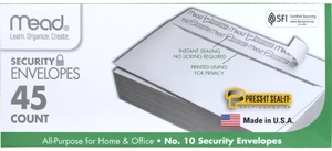 Mead #10 Security Business Envelopes Letter Size 4-1/8" x 9-1/2" Peel and Seal, Privacy Lined, No-Window, Press-It Seal-It Self-Adhesive for Home & Office Mailing, 45 Count (75026) Mead #10 Security Business Envelopes Letter Size 4-1/8" x 9-1/2" Peel and Seal, Privacy Lined, No-Window, Press-It Seal-It Self-Adhesive for Home & Office Mailing, 45 Count (75026)