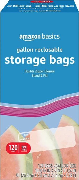 Amazon Basics Reclosable Gallon Food Storage Bags with Double Zipper Seal, Stand and Fill Base, BPA Free, 120 Count Amazon Basics Reclosable Gallon Food Storage Bags with Double Zipper Seal, Stand and Fill Base, BPA Free, 120 Count