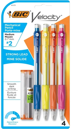 BIC Velocity Mechanical Pencils, with Colorful Barrel, Medium Point (0.7 mm), School Supplies for Students and Teachers, 4-Count Pack BIC Velocity Mechanical Pencils, with Colorful Barrel, Medium Point (0.7 mm), School Supplies for Students and Teachers, 4-Count Pack