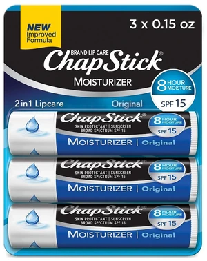 ChapStick Moisturizer Original Lip Balm Tubes, SPF 15 and Skin Protectant - 0.15 Oz (Pack of 3)