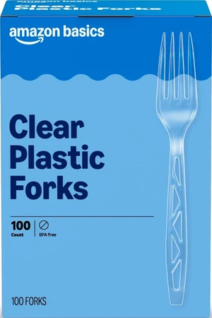 Amazon Basics Disposable Clear Plastic Forks, Premium Quality, 100 Count, Large Pack, Packaging May Vary Amazon Basics Disposable Clear Plastic Forks, Premium Quality, 100 Count, Large Pack, Packaging May Vary