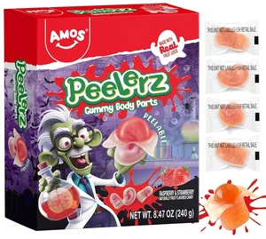 AMOS Peelerz Gummy Body Parts, Approx 48 Pieces Peelable Halloween Gummies,Raspberry and Strawberry Flavored Candy, Spooky Brain, Ear and Finger Shapes, Party and Trick-or-Treat Treats AMOS Peelerz Gummy Body Parts, Approx 48 Pieces Peelable Halloween Gummies,Raspberry and Strawberry Flavored Candy, Spooky Brain, Ear and Finger Shapes, Party and Trick-or-Treat Treats