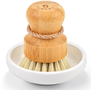 Bamboo Dish Scrub Brush,Vegetable Brush,1 Pack with Ceramic Holder