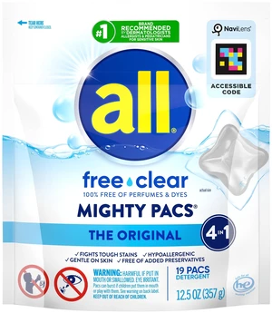 all® Unit Dose Laundry Detergent, Mighty Pacs, Free Clear, 19 Count