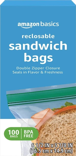 Amazon Basics Reclosable Double Zipper Sandwich Storage Bags for Food Storage, BPA Free, 100 Count Amazon Basics Reclosable Double Zipper Sandwich Storage Bags for Food Storage, BPA Free, 100 Count