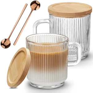 2 PACK Glass Coffee Mugs with Handle & Spoon, 12 OZ Glass Coffee Cups with Bamboo Lid, Ribbed Glass Cups, Clear Tea Cup for Hot/Cold Beverages, Glassware Set for Americano, Latte, Cappuccino 2 PACK Glass Coffee Mugs with Handle & Spoon, 12 OZ Glass Coffee Cups with Bamboo Lid, Ribbed Glass Cups, Clear Tea Cup for Hot/Cold Beverages, Glassware Set for Americano, Latte, Cappuccino